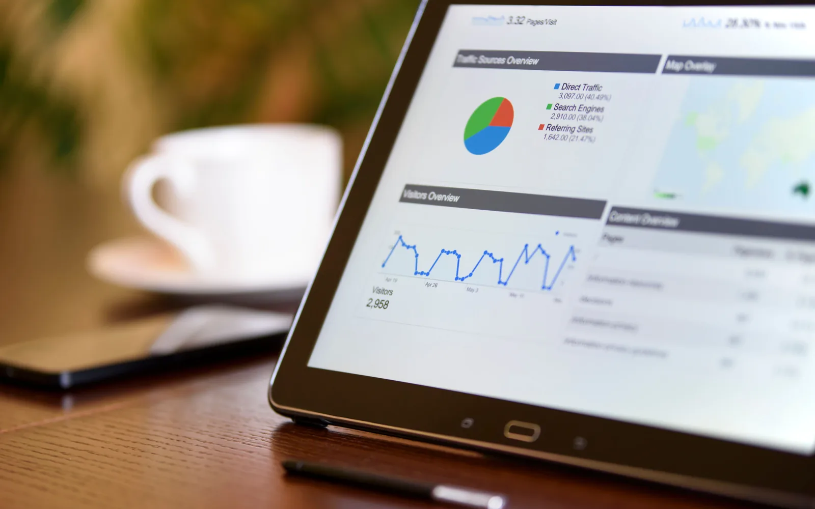 Admin dashboard UI with analytics cards, tables, and filters